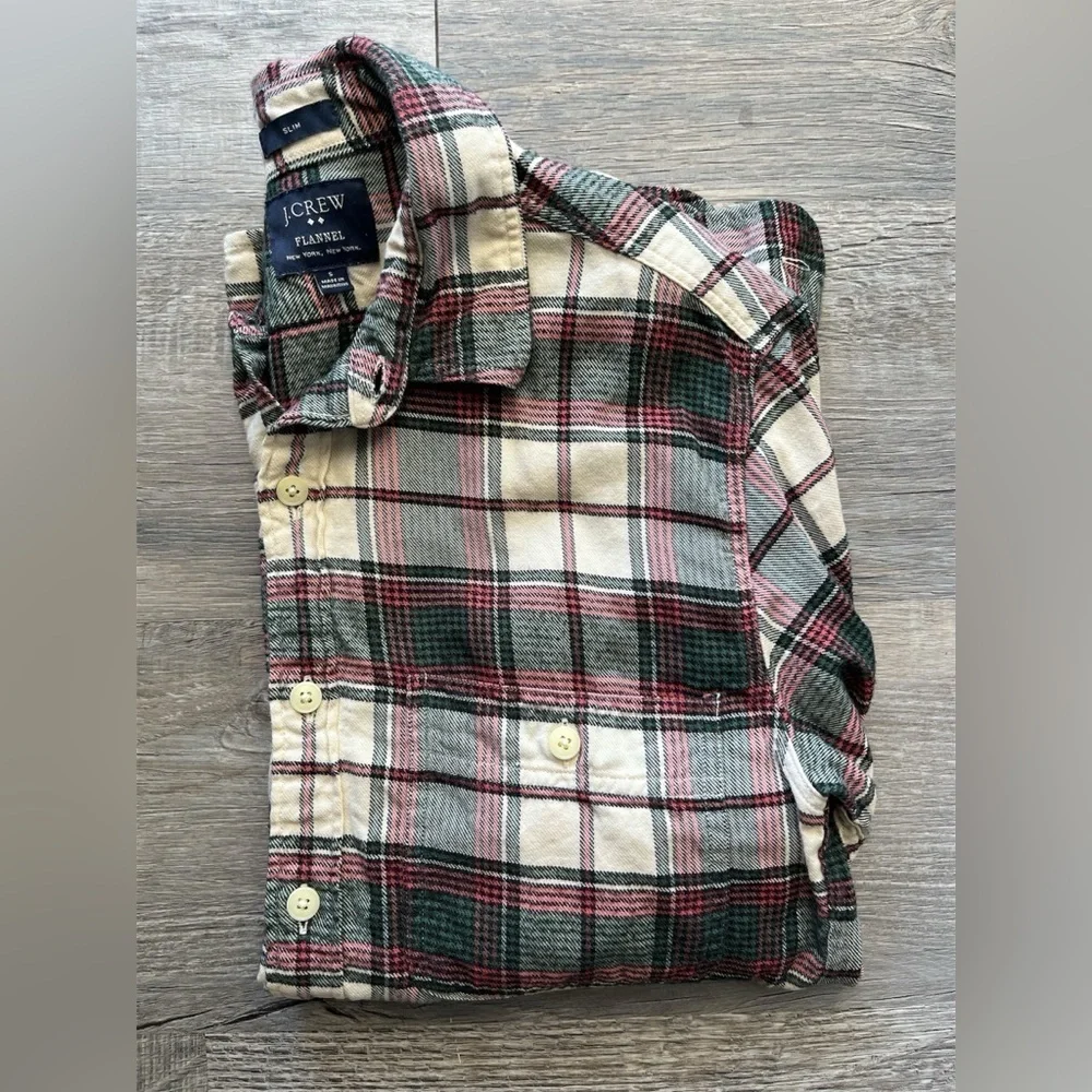J. Crew Men’s Flannel Plaid Button-Down Shirt, Red Green 100% Cotton, Size S